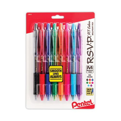 Image of Pentel® BK93CRBP8M R.s.v.p. Rt Ballpoint Pen, Retractable, Medium 1 Mm, Assorted Ink Colors, Clear Barrel, 8/pack