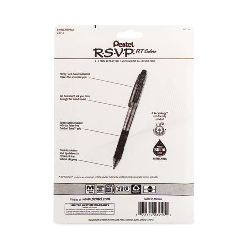 Image of Pentel® BK93CRBP8M R.s.v.p. Rt Ballpoint Pen, Retractable, Medium 1 Mm, Assorted Ink Colors, Clear Barrel, 8/pack