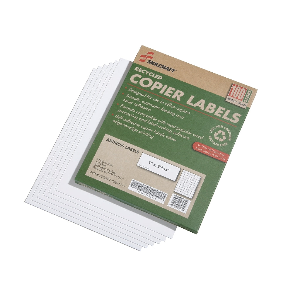 Image of SKILCRAFT® Recycled Copier Labels, Address, 2-13/16" x 1", 33/Sheet, 3300 Labels