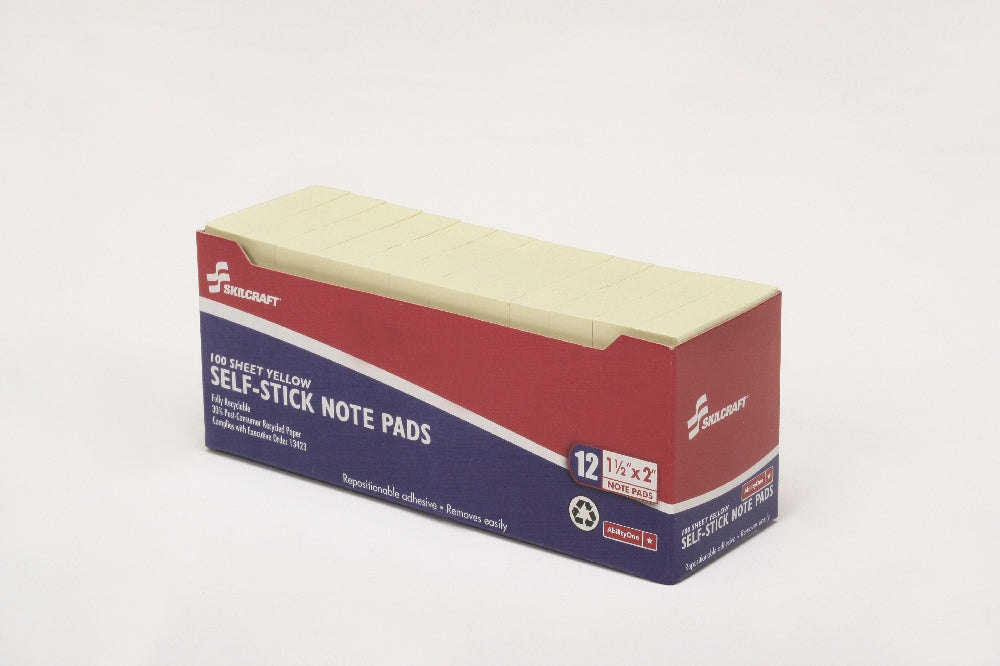 Image of SKILCRAFT® Self-Stick Note Pad, Plain, 100 Sheets, 1-1/2" x 2", Yellow