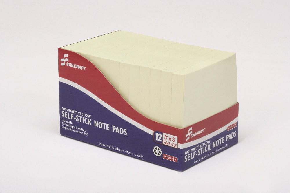 Image of SKILCRAFT® Self-Stick Note Pad, Plain, 100 Sheets, 3" x 3", Yellow, Case of 18 Dozen