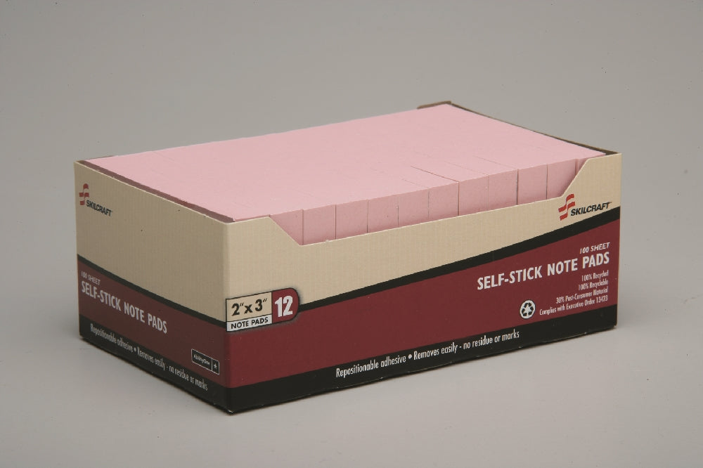 Image of SKILCRAFT® Self-Stick Note Pad, Plain, 100 Sheets, 2" x 3", Pastel Pink
