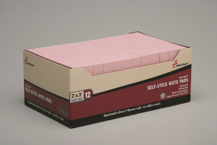 Image of SKILCRAFT® Self-Stick Note Pad, Plain, 100 Sheets, 2" x 3", Pastel Pink, Case of 12 Dozen