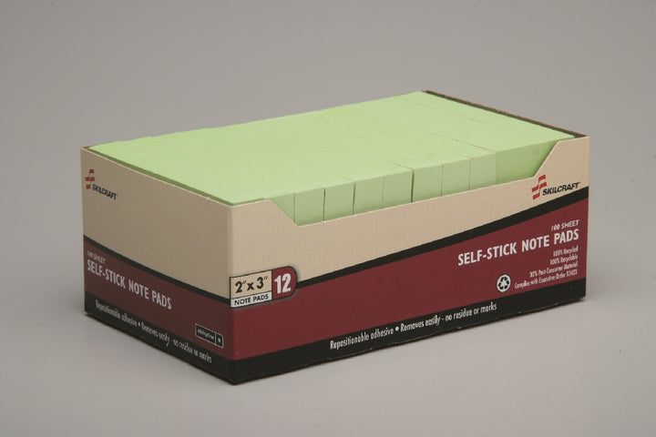 Image of SKILCRAFT® Self-Stick Note Pad, Plain, 100 Sheets, 2" x 3", Pastel Green