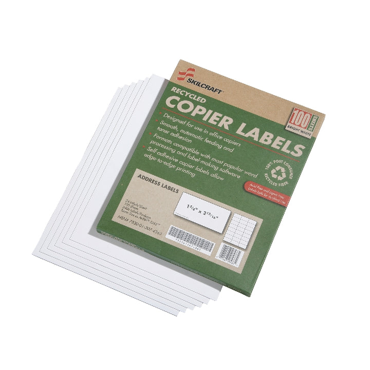 Image of SKILCRAFT® Recycled Copier Labels, Address, 2-13/16"  x 1-3/8", 24/Sheet, 2400 Labels