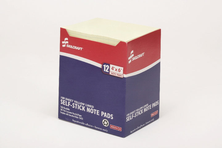 Image of SKILCRAFT® Self-Stick Note Pad, Lined, 100 Sheets, 4" x 6", Yellow