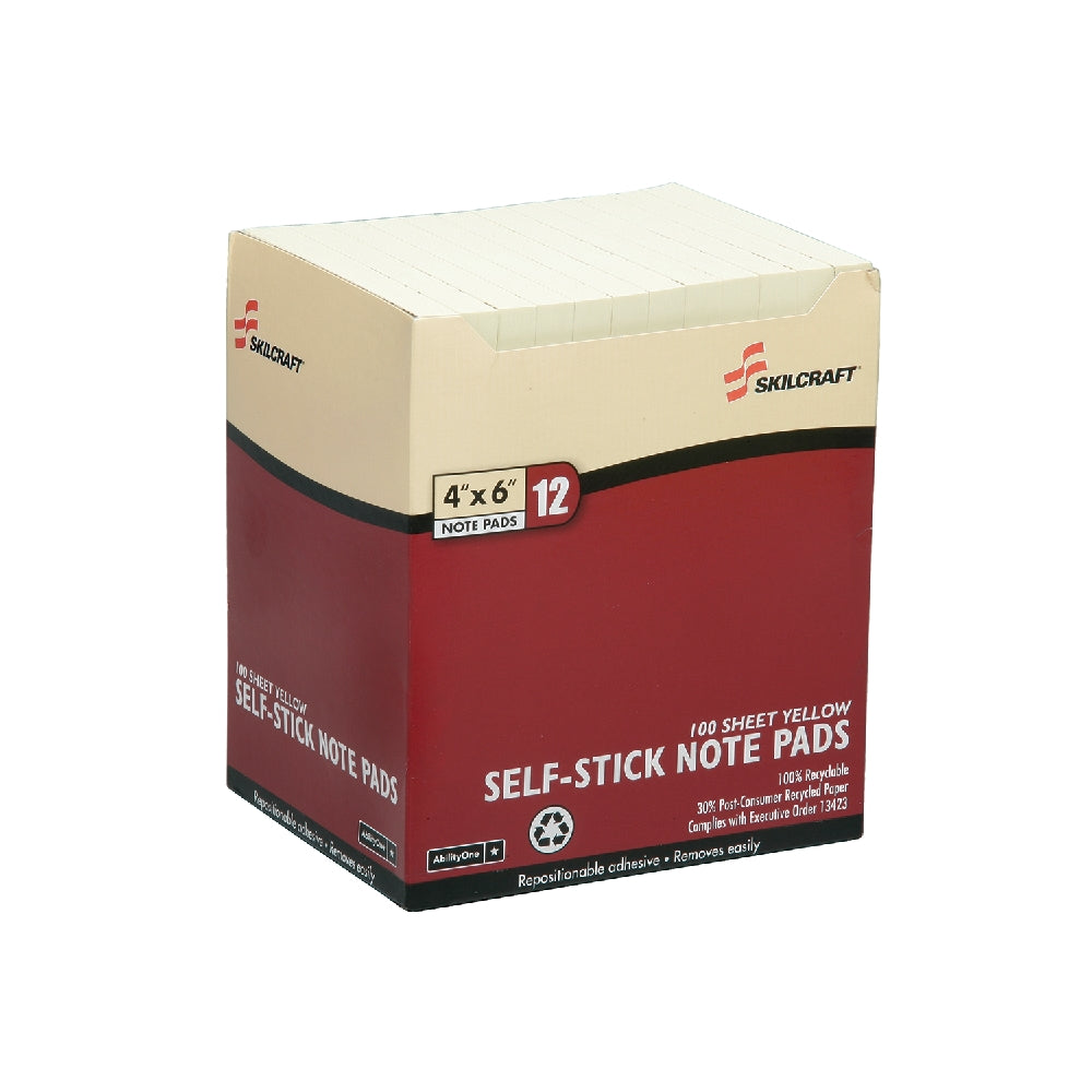 Image of SKILCRAFT® Self-Stick Note Pad, Plain, 100 Sheets, 4" x 6", Yellow