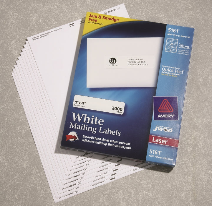 Image of SKILCRAFT® Avery® White Laser Labels, Easypeel, 1" x 4", 20/Sheet, 2000 Labels