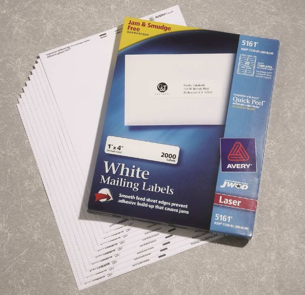 Image of SKILCRAFT® Avery® White Laser Labels, Easypeel, 1" x 4", 20/Sheet, 100 Sheets/Box, Case of 12 Boxes