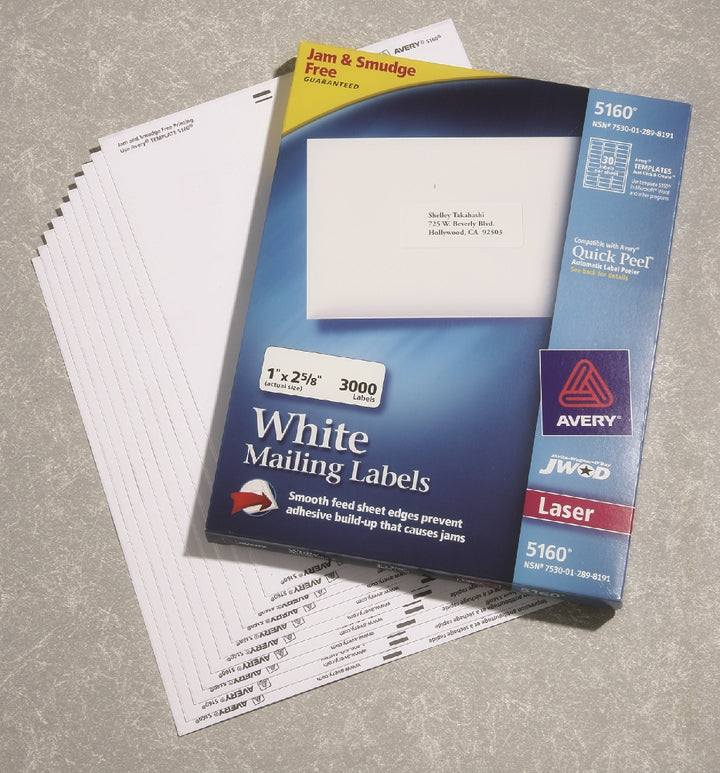 Image of SKILCRAFT® Avery® White Laser Labels, Easypeel, 1" x 2-5/8", 30/Sheet, 3000 Labels
