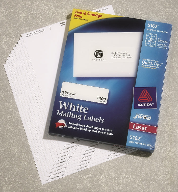Image of SKILCRAFT® Avery® White Laser Labels, Easypeel, 1-1/3" x 4", 14/Sheet, 1400 Labels