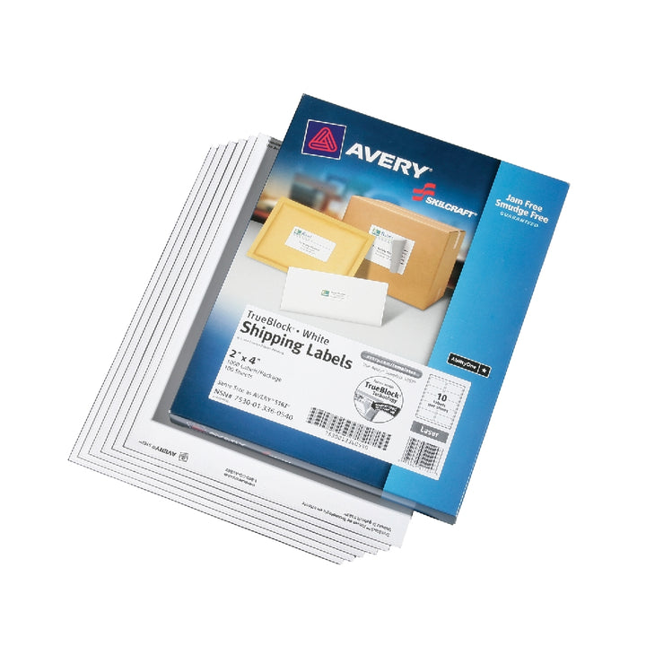 Image of SKILCRAFT® Avery® White Laser Labels, Trueblock, 2" x 4", 10/Sheet, 1000 Labels