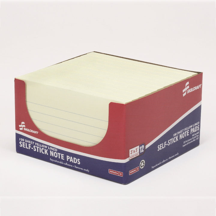 Image of SKILCRAFT® Self-Stick Note Pad, Lined, 100 Sheets, 3" x 5", Yellow