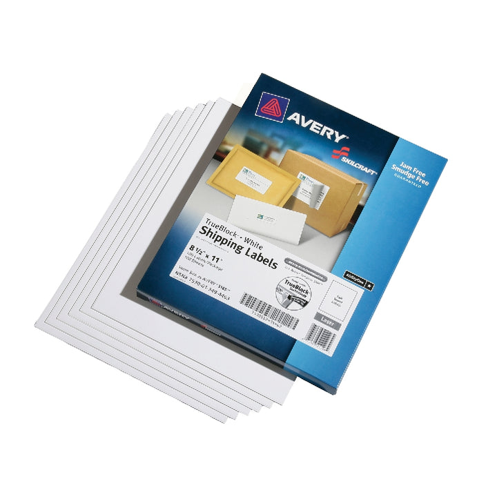 Image of SKILCRAFT® Avery® White Laser Labels, Trueblock, 8-1/2" x 11", 1/Sheet, 100 Labels