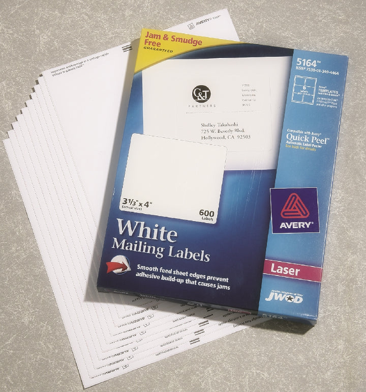 Image of SKILCRAFT® Avery® White Laser Labels, Trueblock, 3-1/3" x 4", 6/Sheet, 100 Sheets/Package, Case of 12 Packages