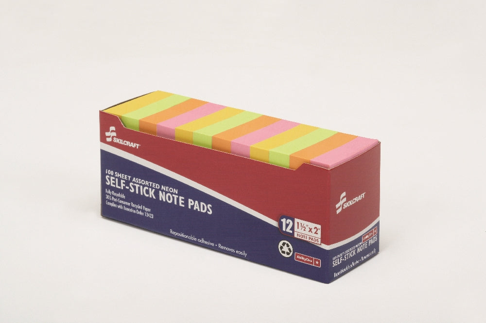 Image of SKILCRAFT® Self-Stick Note Pad, Plain, 1-1/2" x 2", Neon
