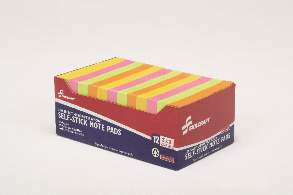 Image of SKILCRAFT® Self-Stick Note Pad, Plain, 2" x 3", Neon, 12/Package, Case of 12 Packages