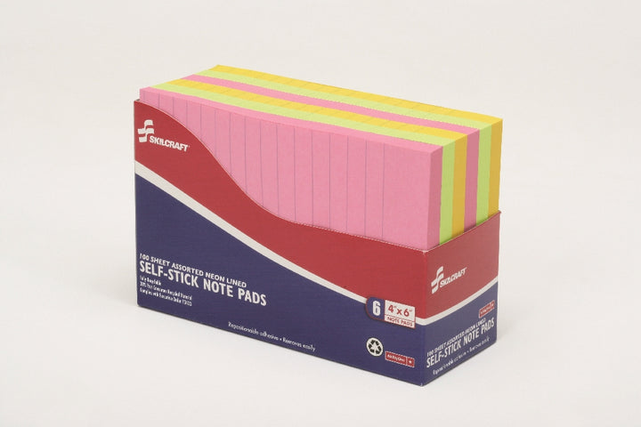 Image of SKILCRAFT® Self-Stick Note Pad, Lined, 4" x 6", Neon, 6/Package, Case of 12 6-Packs
