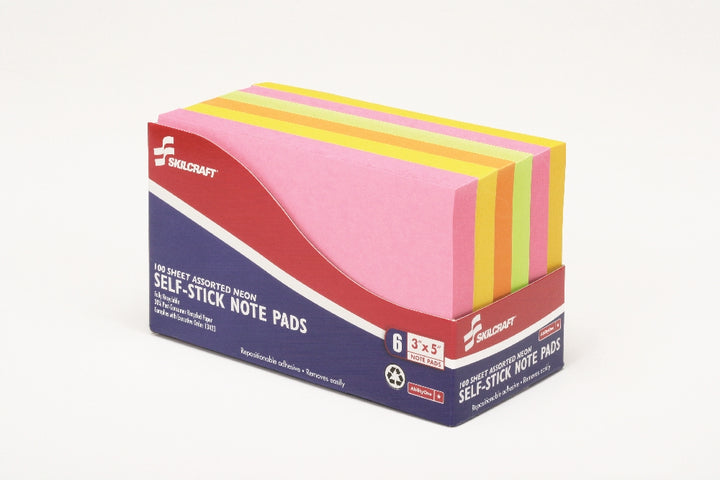 Image of SKILCRAFT® Self-Stick Note Pad, Plain, 3" x 5", Neon
