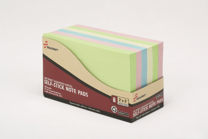 Image of SKILCRAFT® Self-Stick Note Pad, Plain, 100 Sheets, 3" x 5", Assorted Pastel, 6/Package, Case of 12 6-Packs