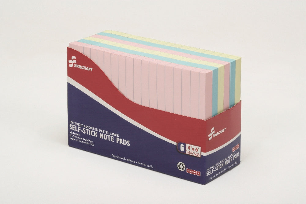 Image of SKILCRAFT® Self-Stick Note Pad, Lined, 100 Sheets, 4" x 6", Assorted Pastel