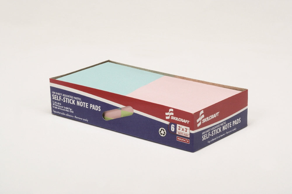 Image of SKILCRAFT® Self-Stick Note Pad, Plain, 100 Sheets, 3" x 3", Assorted Pastel, 6/Package, Case of 36 6-Packs