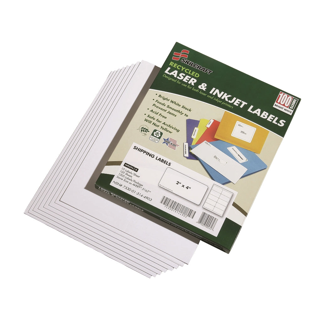 Image of SKILCRAFT® Recycled Laser and Inkjet Labels, Address and Shipping, 2" x 4", 10/Sheet, 100 Sheets/Box, Case of 12 Boxes