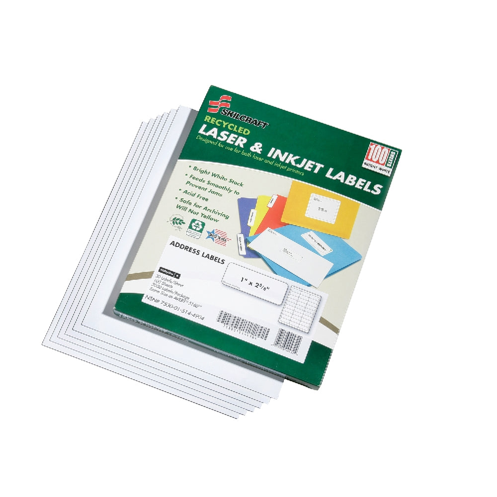 Image of SKILCRAFT® Recycled Laser and Inkjet Labels, Address and Shipping, 1" x 2-5/8", 30/Sheet, 3000 Labels