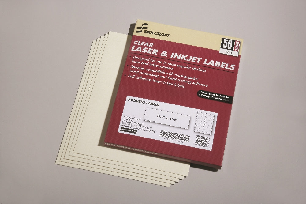 Image of SKILCRAFT® Clear Laser/Inkjet Labels, 4-1/8" x 1-1/3", 14/Sheet, 700 Labels
