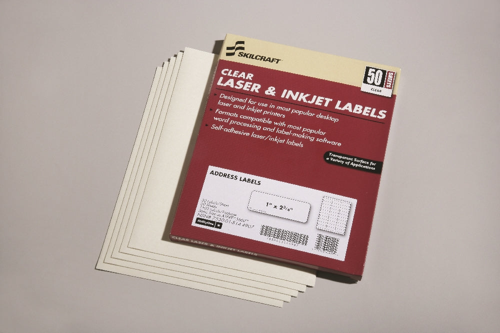 Image of SKILCRAFT® Clear Laser/Inkjet Labels, 2-3/4" x 1", 30/Sheet, 1500 Labels