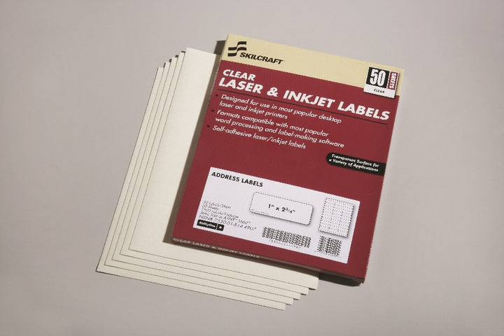 Image of SKILCRAFT® Clear Laser/Inkjet Labels, 2-3/4" x 1", 30/Sheet, 1500 Labels