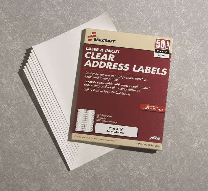 Image of SKILCRAFT® Clear Laser/Inkjet Labels, 4-1/8" x 1", 20/Sheet, 1000 Labels