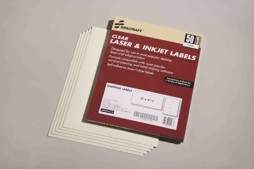 Image of SKILCRAFT® Clear Laser/Inkjet Labels, 4-1/8" x 2", 10/Sheet, 500 Labels
