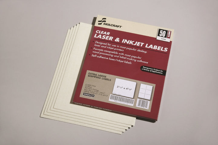 Image of SKILCRAFT® Clear Laser/Inkjet Labels, 4-1/8" x 3-1/3", 6/Sheet, 300 Labels