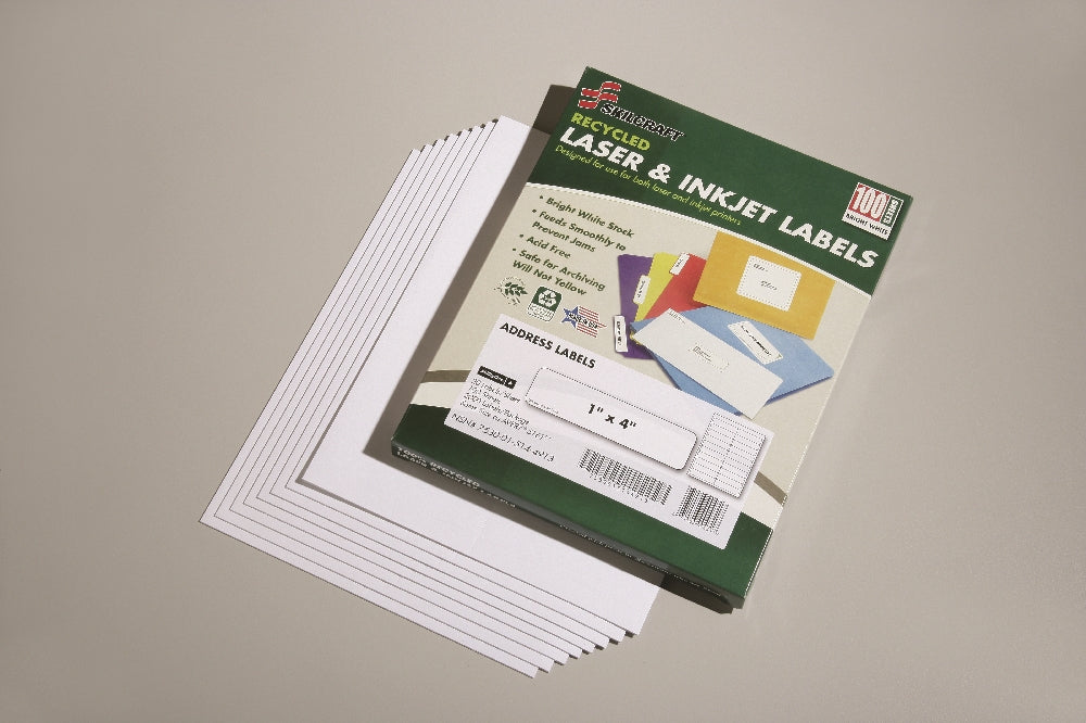 Image of SKILCRAFT® Recycled Laser and Inkjet Labels, Address and Shipping, 1" x 4", 20/Sheet, 100 Sheets/Box, Case of 12 Boxes