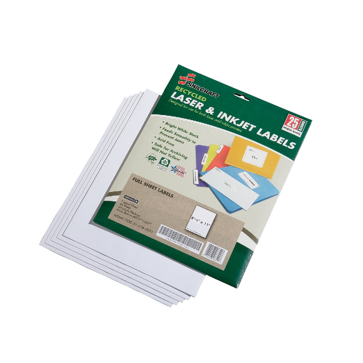 Image of SKILCRAFT® Recycled Laser and Inkjet Labels, Full Sheet, 8-1/2" x 11", 1/Sheet, 25 Labels