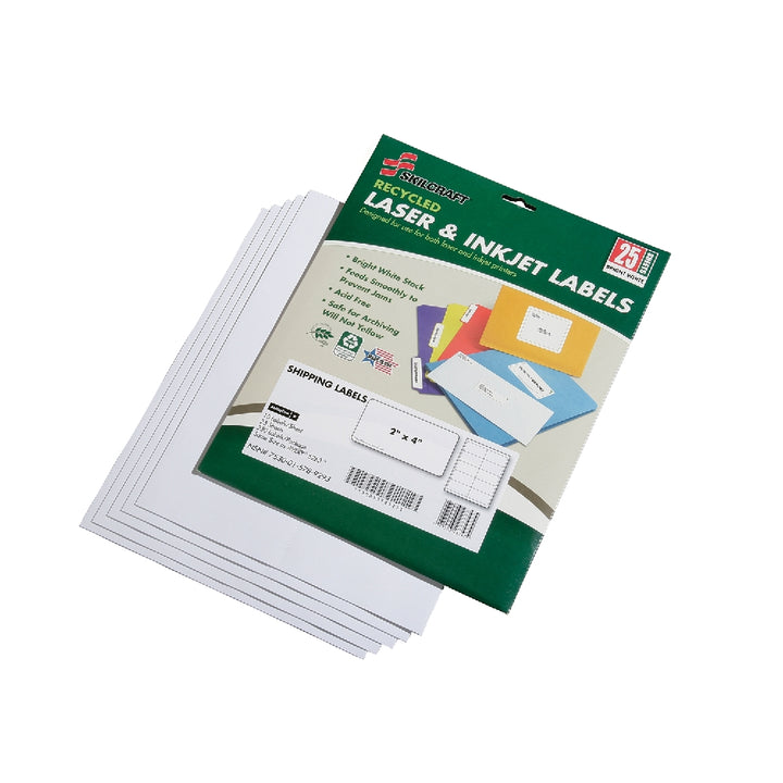 Image of SKILCRAFT® Recycled Laser and Inkjet Labels, Address and Shipping, 2" x 4", 10/Sheet, 25 Sheets/Package, Case of 12 Packages