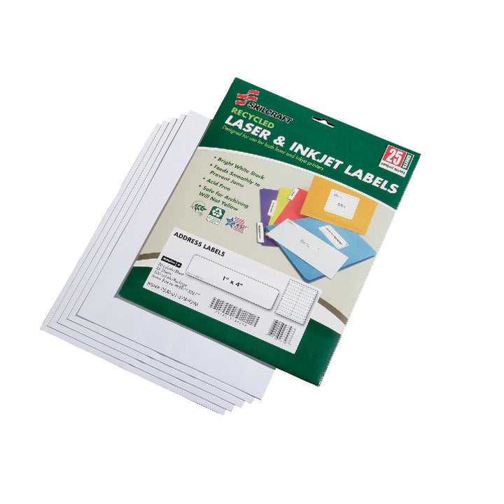 Image of SKILCRAFT® Recycled Laser and Inkjet Labels, Address and Shipping, 1" x 4", 20/Sheet, 500 Labels