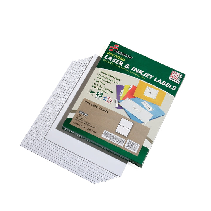 Image of SKILCRAFT® Recycled Laser and Inkjet Labels, Full Sheet, 8-1/2" x 11", 1/Sheet, 100 Labels