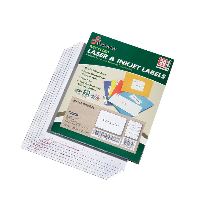 Image of SKILCRAFT® Recycled Laser and Inkjet Labels, Name Badges, 2-1/3" x 3-3/8", 8/Sheet, 50 Sheets/Box, Case of 18 Boxes