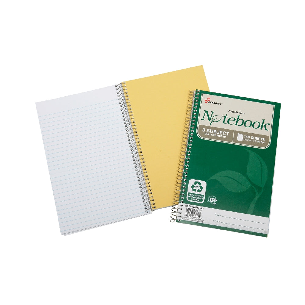 Image of SKILCRAFT® 100% Post-Consumer Recycled Spiral Notebooks and Steno Pads, College Ruled, 9-1/2" x 6" - 150 Sheets, 3/Package, Case of 12 Packages