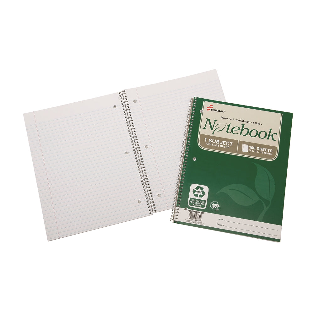 Image of SKILCRAFT® 100% Post-Consumer Recycled Spiral Notebooks and Steno Pads, College Ruled, 11" x 8-1/2" - 80 Sheets