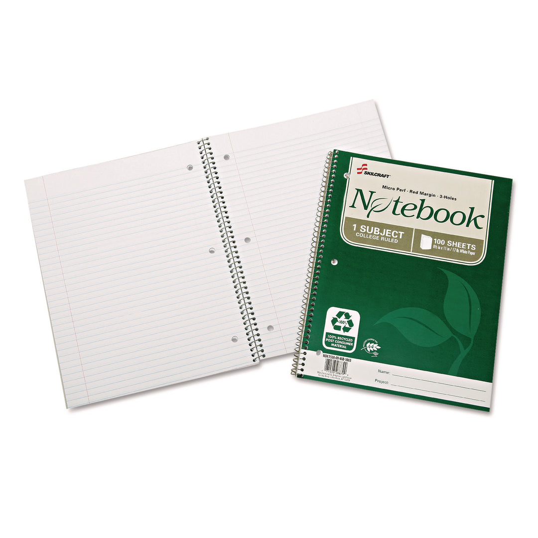 Image of SKILCRAFT® 100% Post-Consumer Recycled Spiral Notebooks and Steno Pads, College Ruled, 11" x 8-1/2" - 80 Sheets, 3/Package, Case of 12 Packages