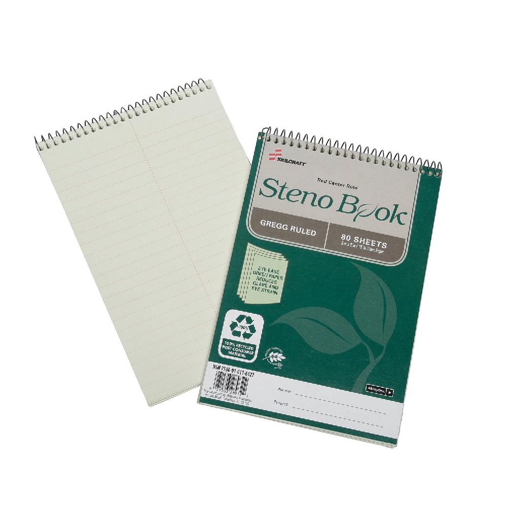 Image of SKILCRAFT® Steno Book, 100% Post-Consumer Recycled, Eye-Ease Green Paper, 6/Package, Case of 16 6-Packs