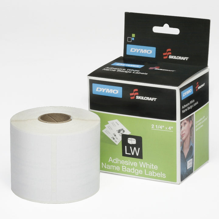 Image of Dymo® SKILCRAFT® Adhesive Name Badge Label, Clip Hole, 2-1/4" x 4", Black on White, Case of 10 Packages