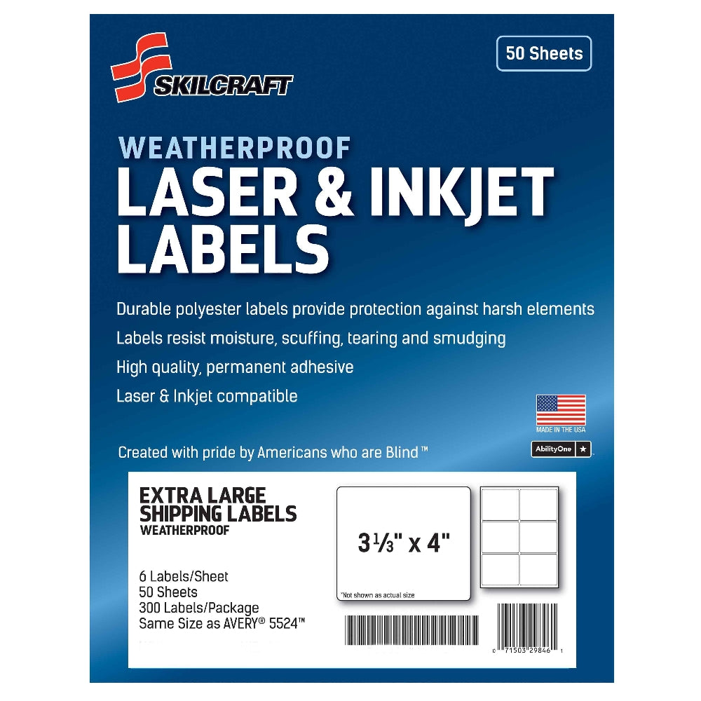Image of SKILCRAFT® Weatherproof Laser and Inkjet Labels, Extra Large Shipping, 3-1/3" x 4", 6/Sheet, 50 Sheets/Package, Case of 18 Packages