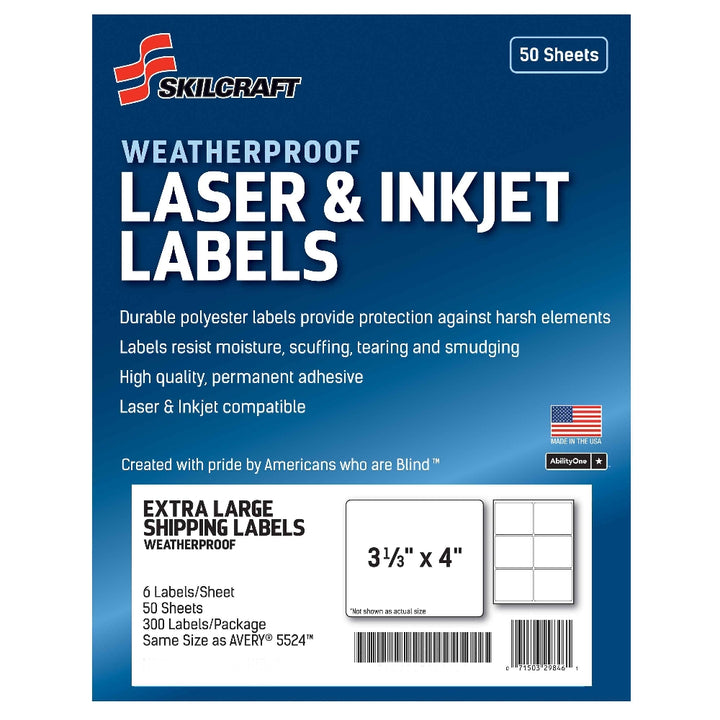 Image of SKILCRAFT® Weatherproof Laser and Inkjet Labels, Extra Large Shipping, 3-1/3" x 4", 6/Sheet, 50 Sheets/Package, Case of 18 Packages
