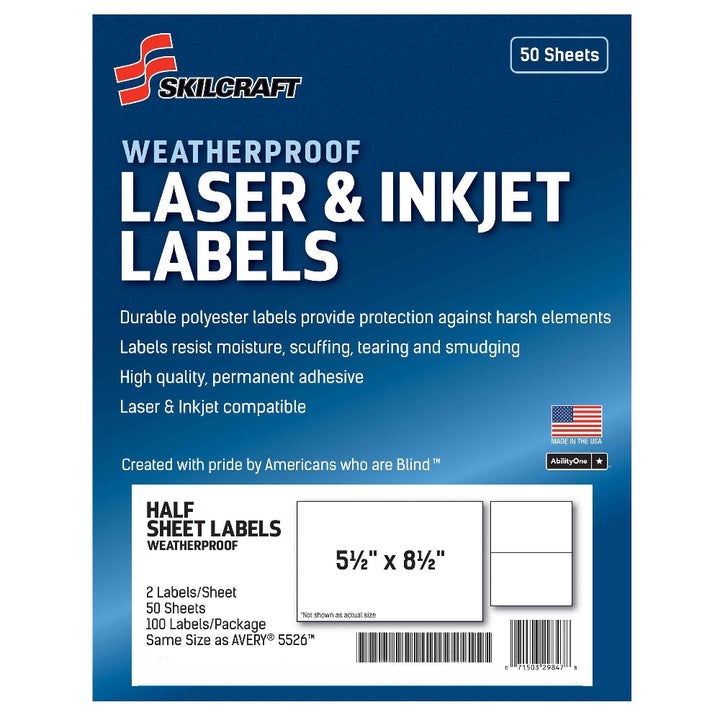 Image of SKILCRAFT® Weatherproof Laser and Inkjet Labels, Half Sheet, 5-1/2" x 8-1/2", 2/Sheet, 50 Sheets/Package, Case of 18 Packages