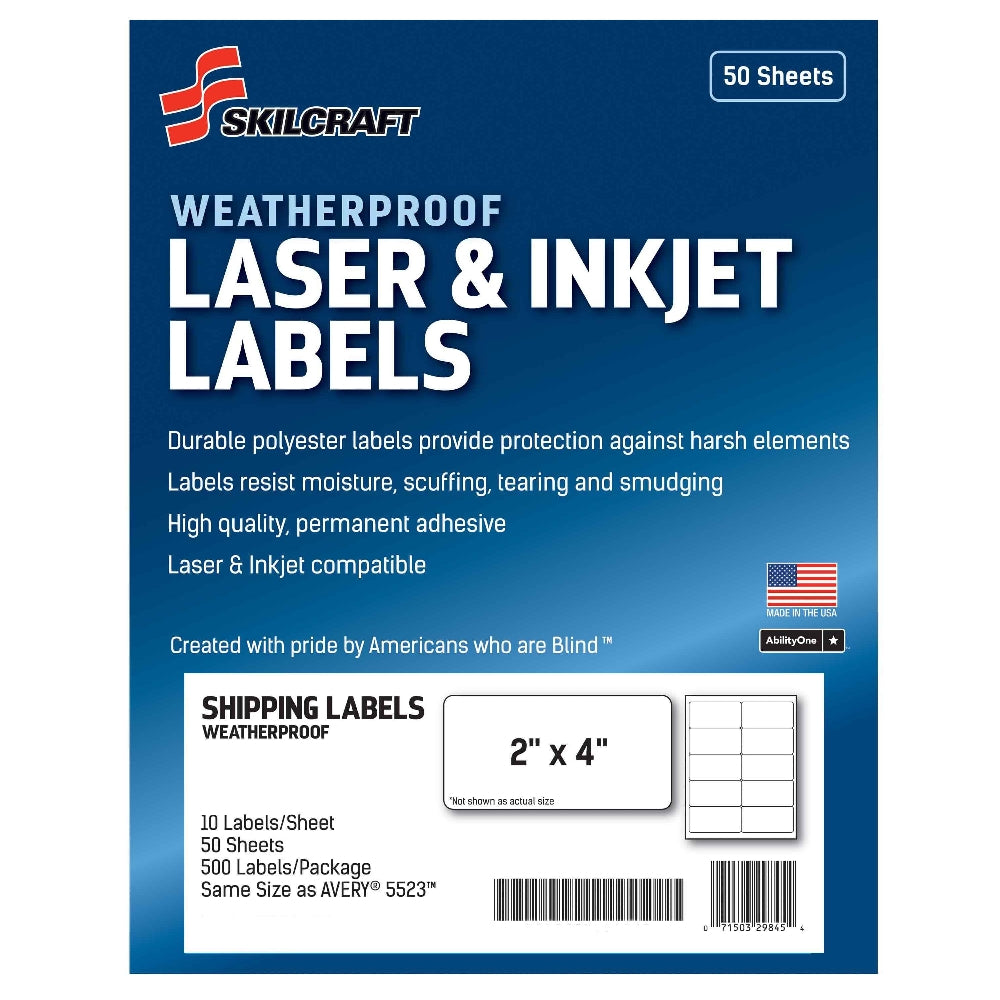 Image of SKILCRAFT® Weatherproof Laser and Inkjet Labels, Shipping, 2" x 4", 10/Sheet, 50 Sheets/Package, Case of 18 Packages
