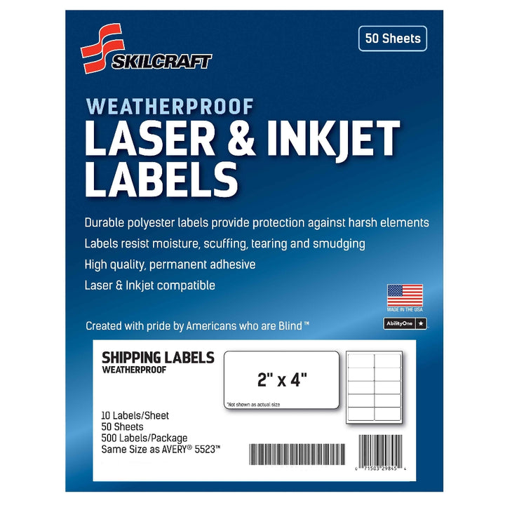 Image of SKILCRAFT® Weatherproof Laser and Inkjet Labels, Shipping, 2" x 4", 10/Sheet, 50 Sheets/Package, Case of 18 Packages